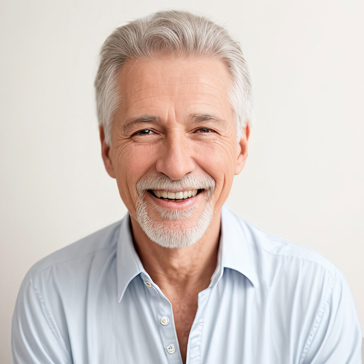 Beautiful gorgeous 50 60 years old, beautiful elderly senior model man with grey hair laughing and smiling. Mature old grandfather close up portrait. happy healthy active old age. Generative AI